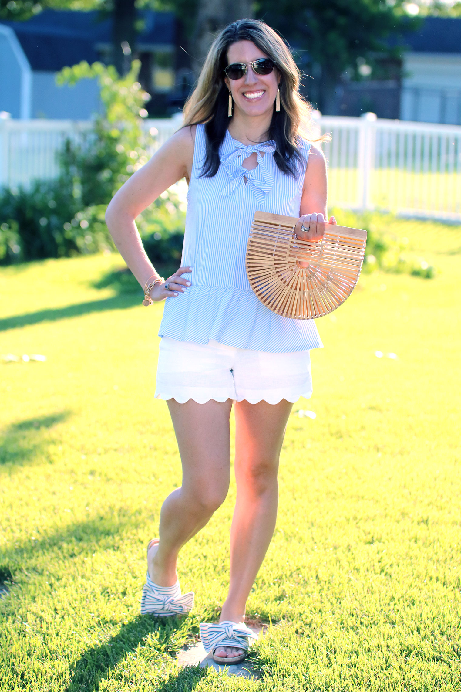 Outfits with blue outlet and white striped shorts