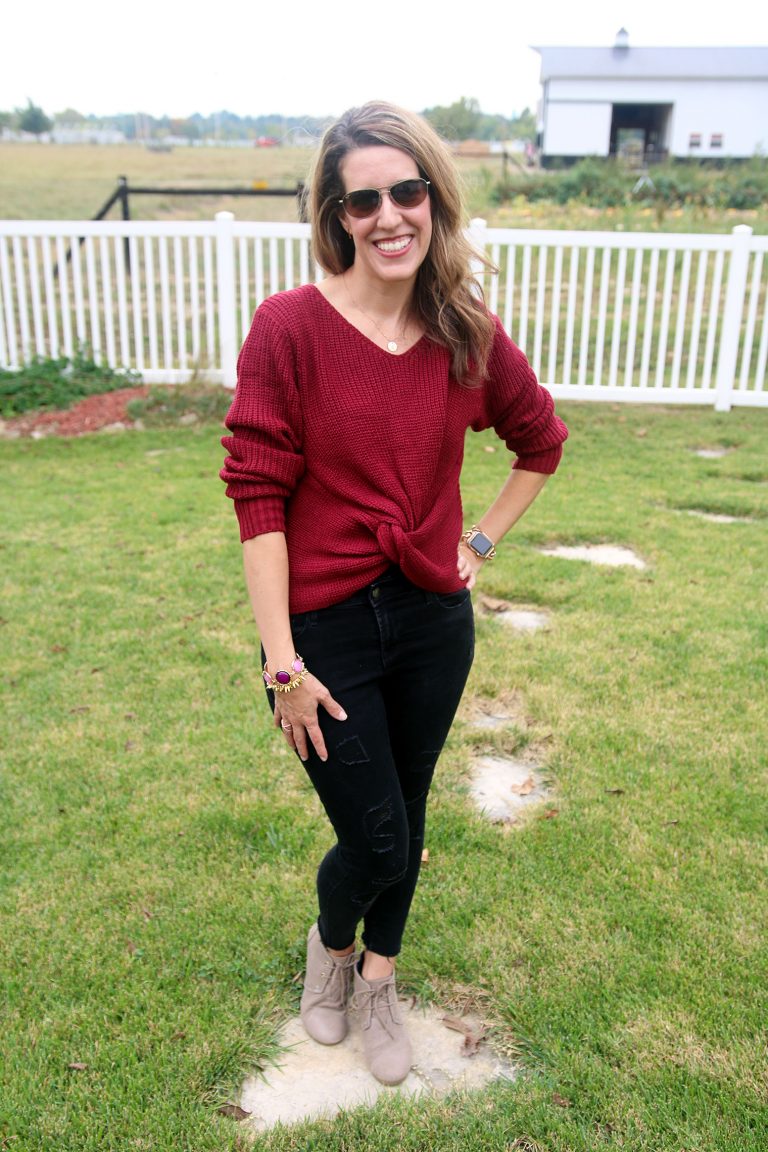 Thursday Fashion Files Link Up #131 – Knotted Burgundy Sweater Styled ...